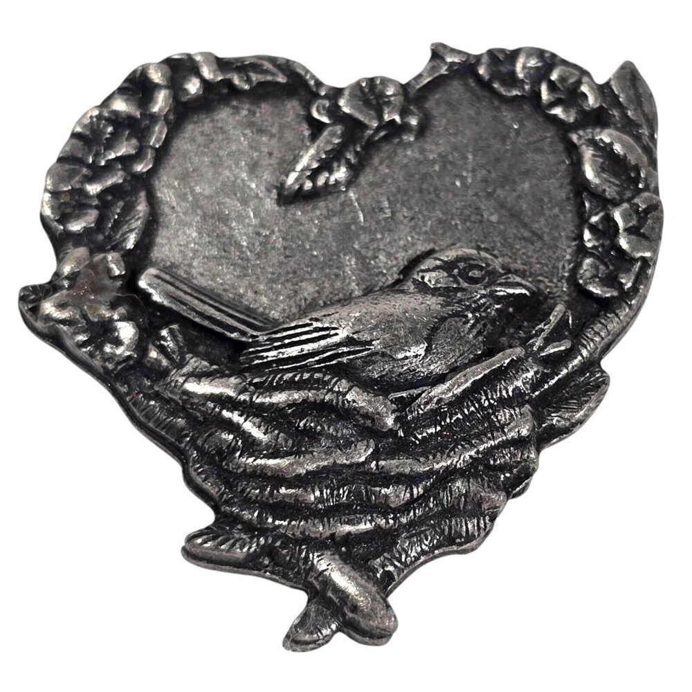 Bird on Nest Brooch Pewter Birds and Bloom Vintage Robin Spring Heart Nest Pin